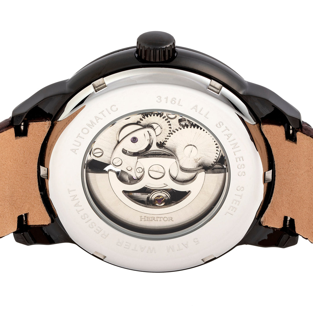 Heritor Automatic Sanford Semi-Skeleton Leather-Band Watch - Black/Brown