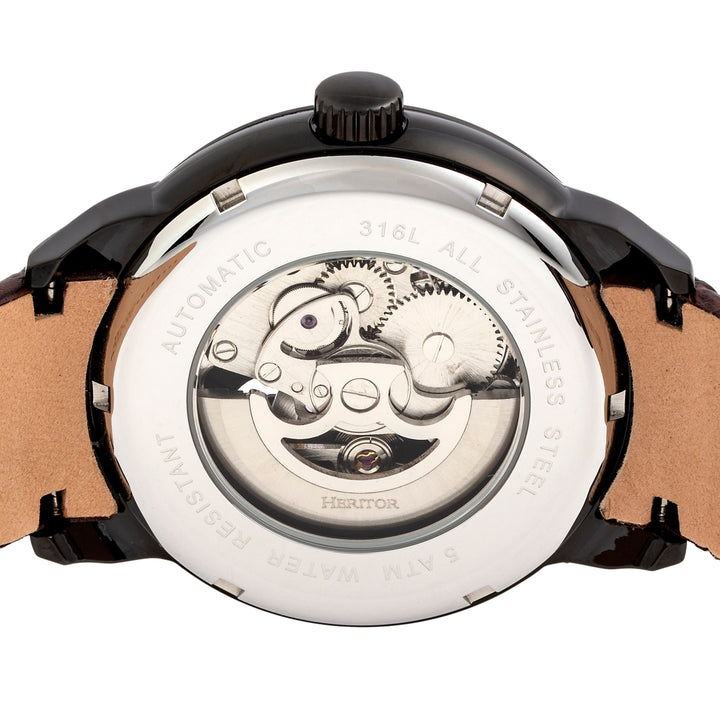 Heritor Automatic Sanford Semi-Skeleton Leather-Band Watch - Black/Brown