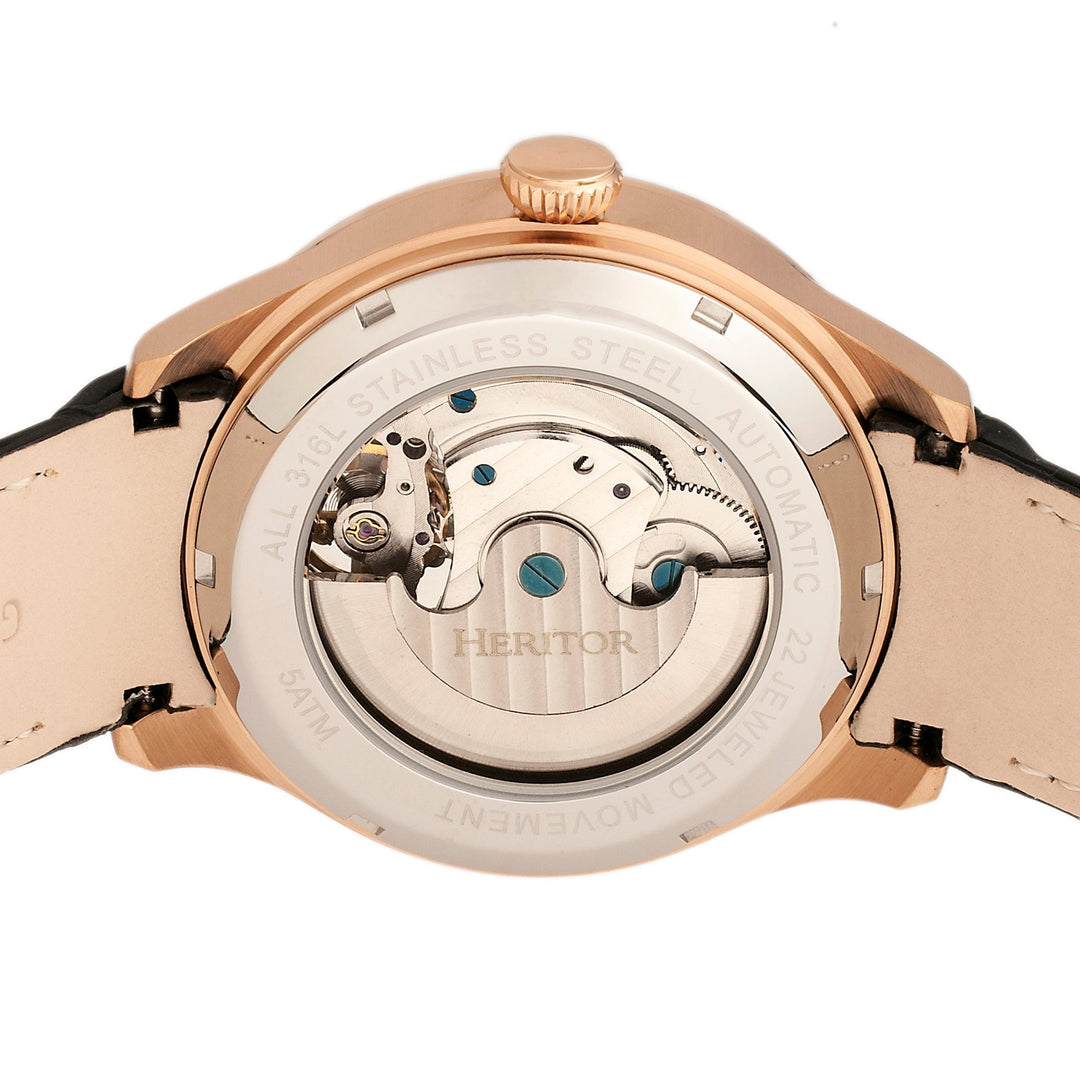 Heritor Automatic Gregory Semi-Skeleton Leather-Band Watch - Rose Gold/Black