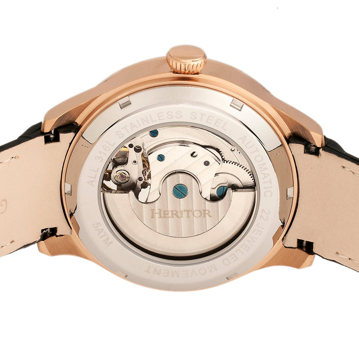 Heritor Automatic Gregory Semi-Skeleton Leather-Band Watch - Rose Gold/Black