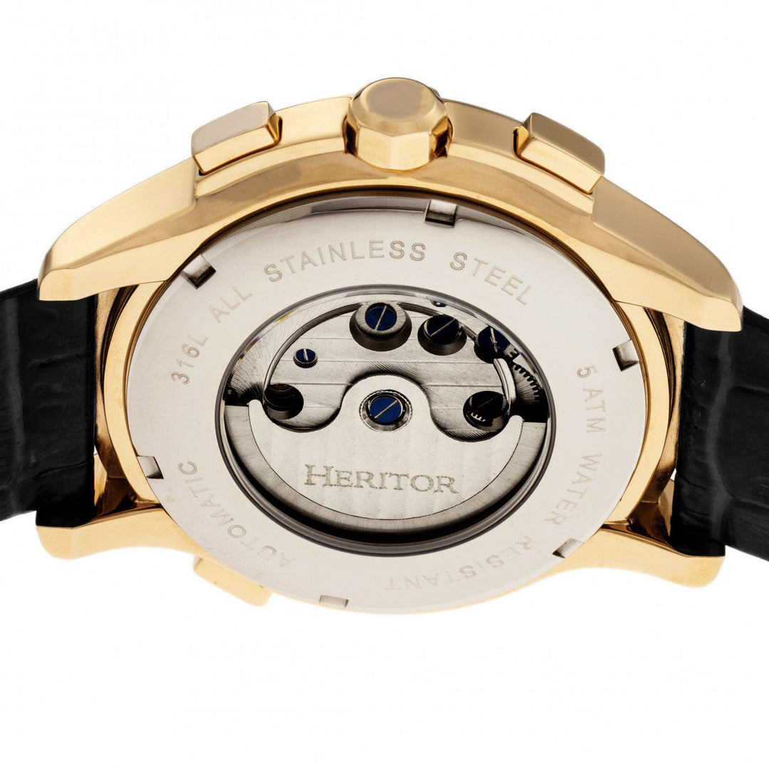 Heritor Automatic Hudson Semi-Skeleton Leather-Band Watch w/Day/Date - Black/Gold