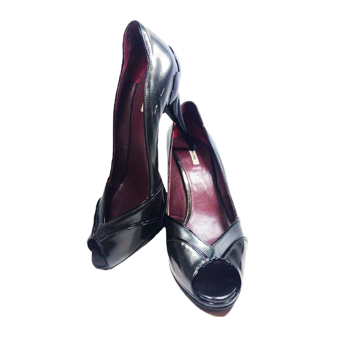MIU MIU Charcoal Grey and Black Patent Leather Peep Toe Heel Size 39 1/2