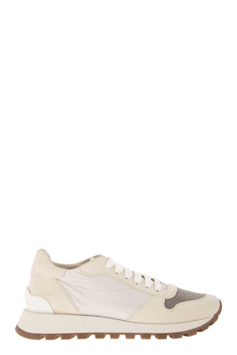 SUEDE AND TECHNO FABRIC RUNNERS WITH PRECIOUS TOE