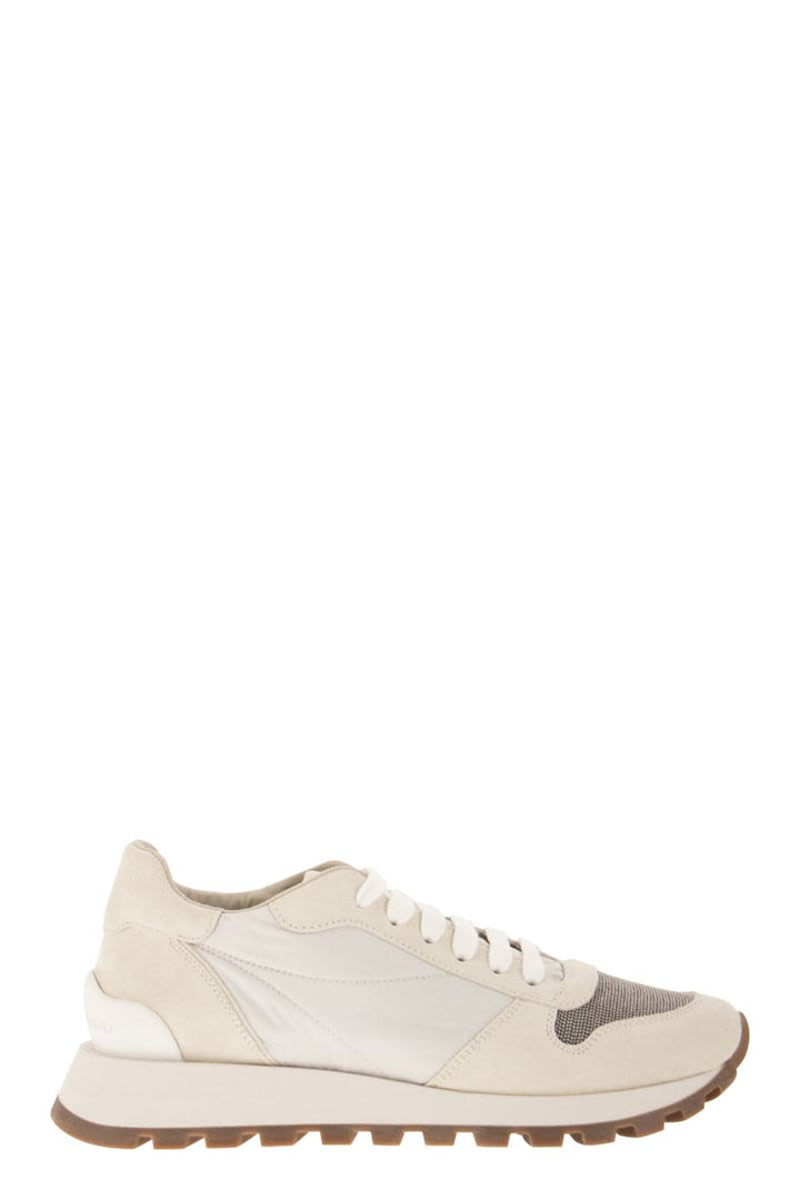 SUEDE AND TECHNO FABRIC RUNNERS WITH PRECIOUS TOE