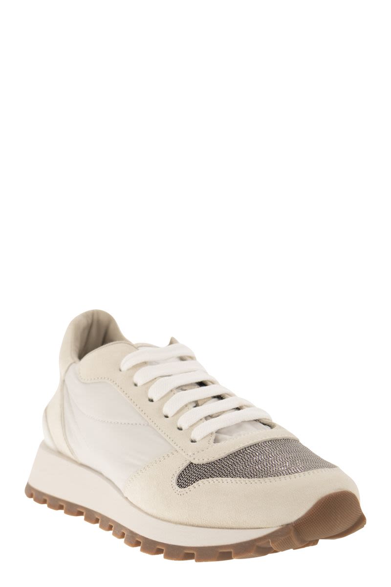 SUEDE AND TECHNO FABRIC RUNNERS WITH PRECIOUS TOE