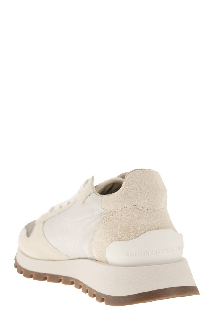 SUEDE AND TECHNO FABRIC RUNNERS WITH PRECIOUS TOE