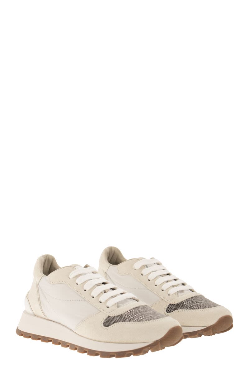 SUEDE AND TECHNO FABRIC RUNNERS WITH PRECIOUS TOE