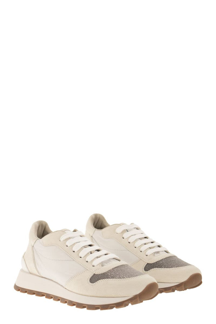 SUEDE AND TECHNO FABRIC RUNNERS WITH PRECIOUS TOE