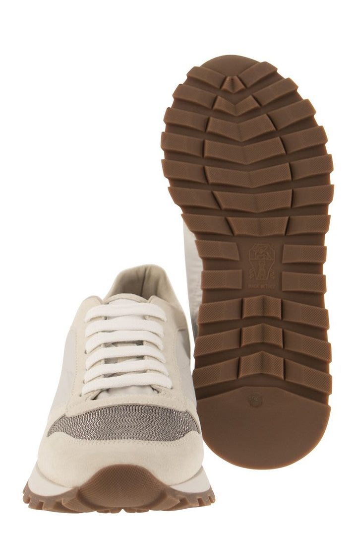 SUEDE AND TECHNO FABRIC RUNNERS WITH PRECIOUS TOE