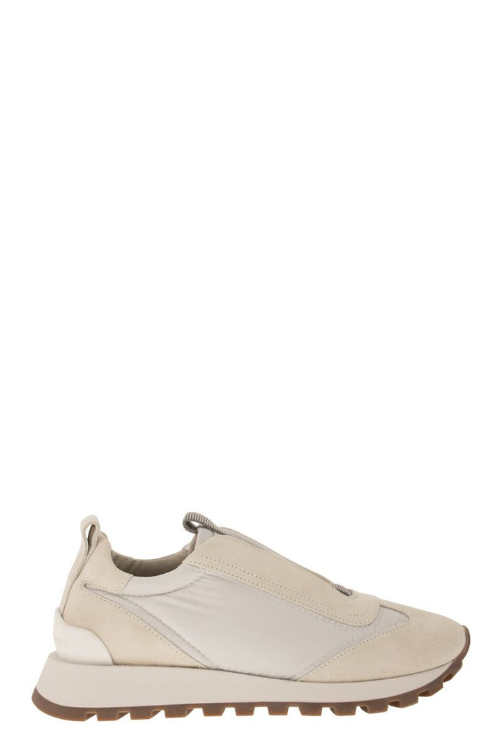SUEDE AND TECHNO FABRIC RUNNERS WITH PRECIOUS DETAIL