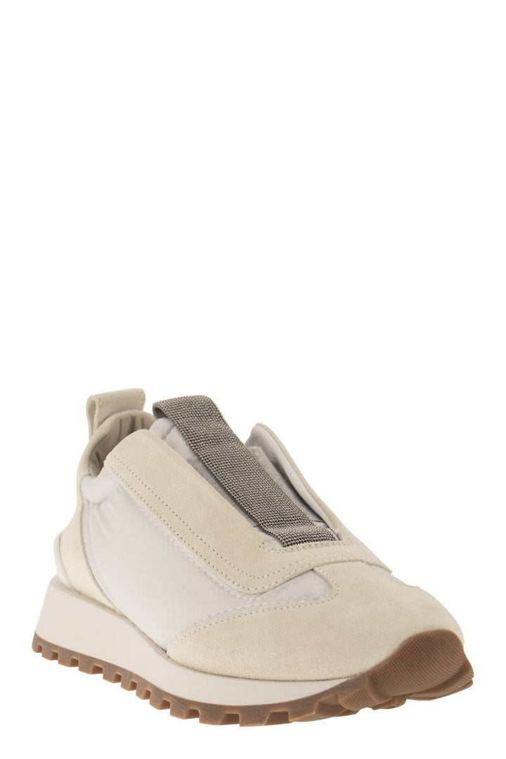 SUEDE AND TECHNO FABRIC RUNNERS WITH PRECIOUS DETAIL