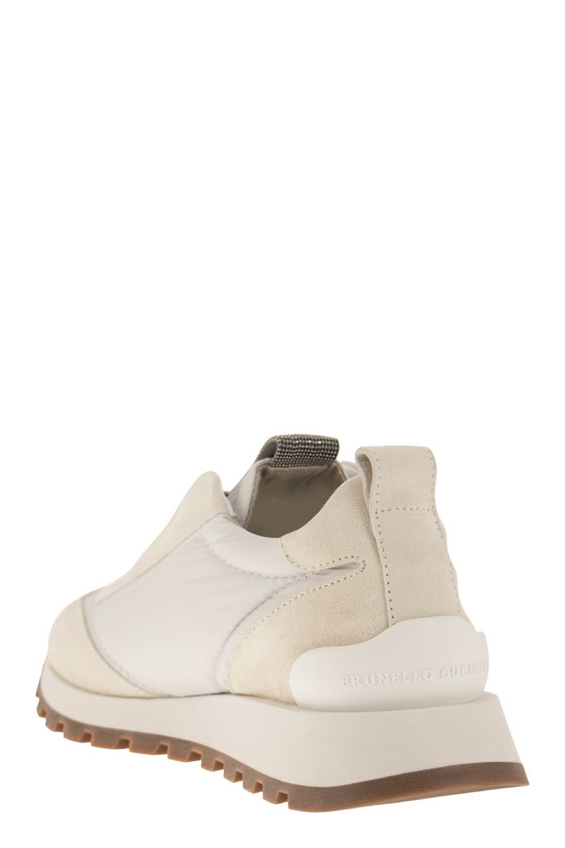 SUEDE AND TECHNO FABRIC RUNNERS WITH PRECIOUS DETAIL