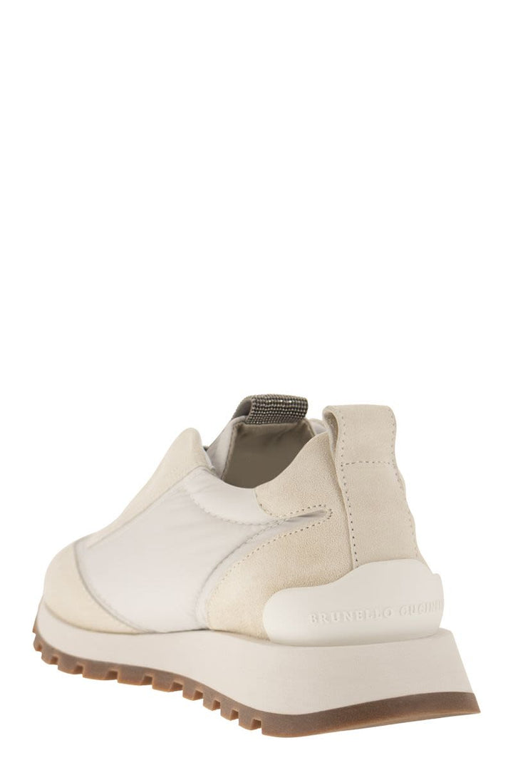SUEDE AND TECHNO FABRIC RUNNERS WITH PRECIOUS DETAIL