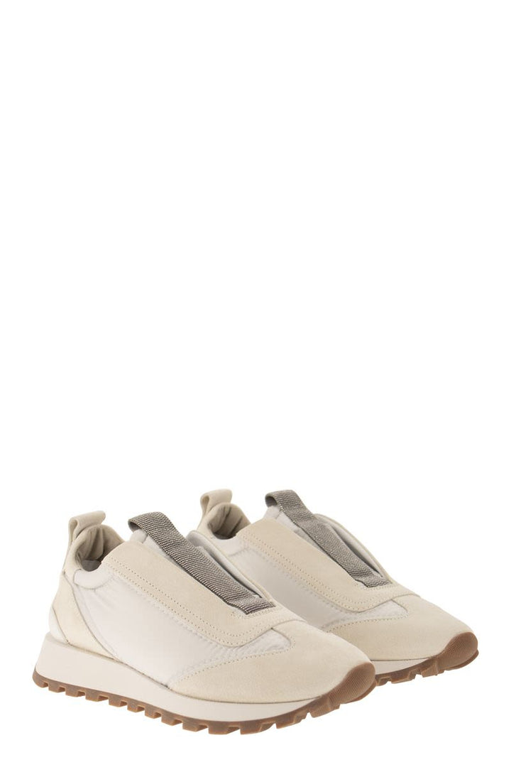 SUEDE AND TECHNO FABRIC RUNNERS WITH PRECIOUS DETAIL