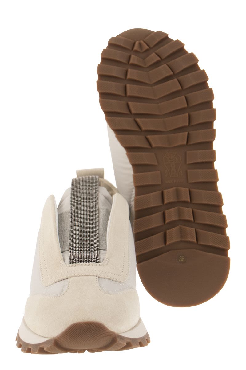 SUEDE AND TECHNO FABRIC RUNNERS WITH PRECIOUS DETAIL