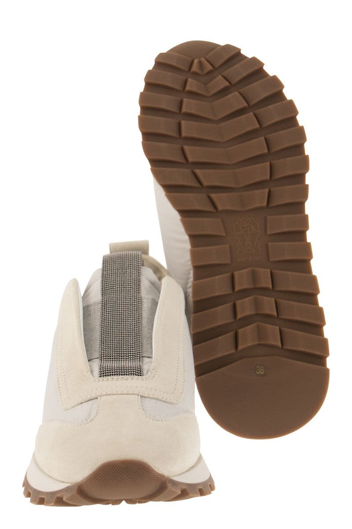 SUEDE AND TECHNO FABRIC RUNNERS WITH PRECIOUS DETAIL