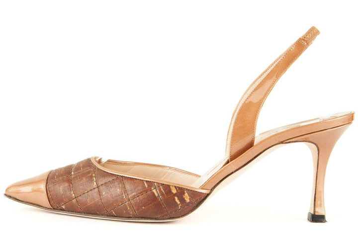 Manolo Blahnik 39.5 Brown Cork and Patent Leather Slingback Heels