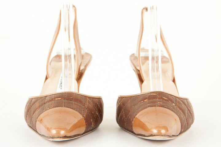 Manolo Blahnik 39.5 Brown Cork and Patent Leather Slingback Heels
