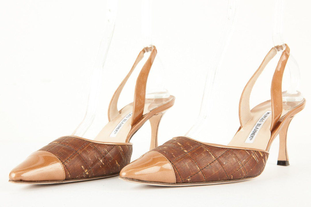 Manolo Blahnik 39.5 Brown Cork and Patent Leather Slingback Heels