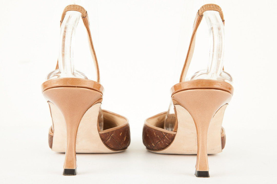 Manolo Blahnik 39.5 Brown Cork and Patent Leather Slingback Heels