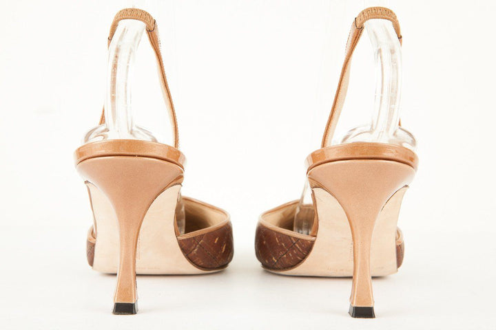 Manolo Blahnik 39.5 Brown Cork and Patent Leather Slingback Heels