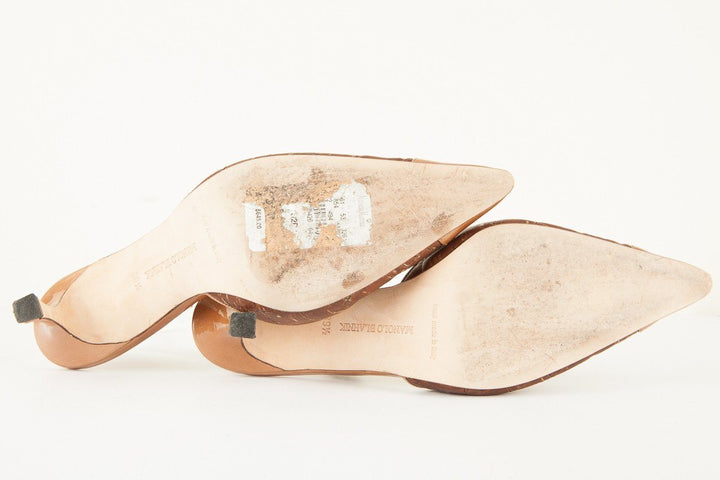 Manolo Blahnik 39.5 Brown Cork and Patent Leather Slingback Heels