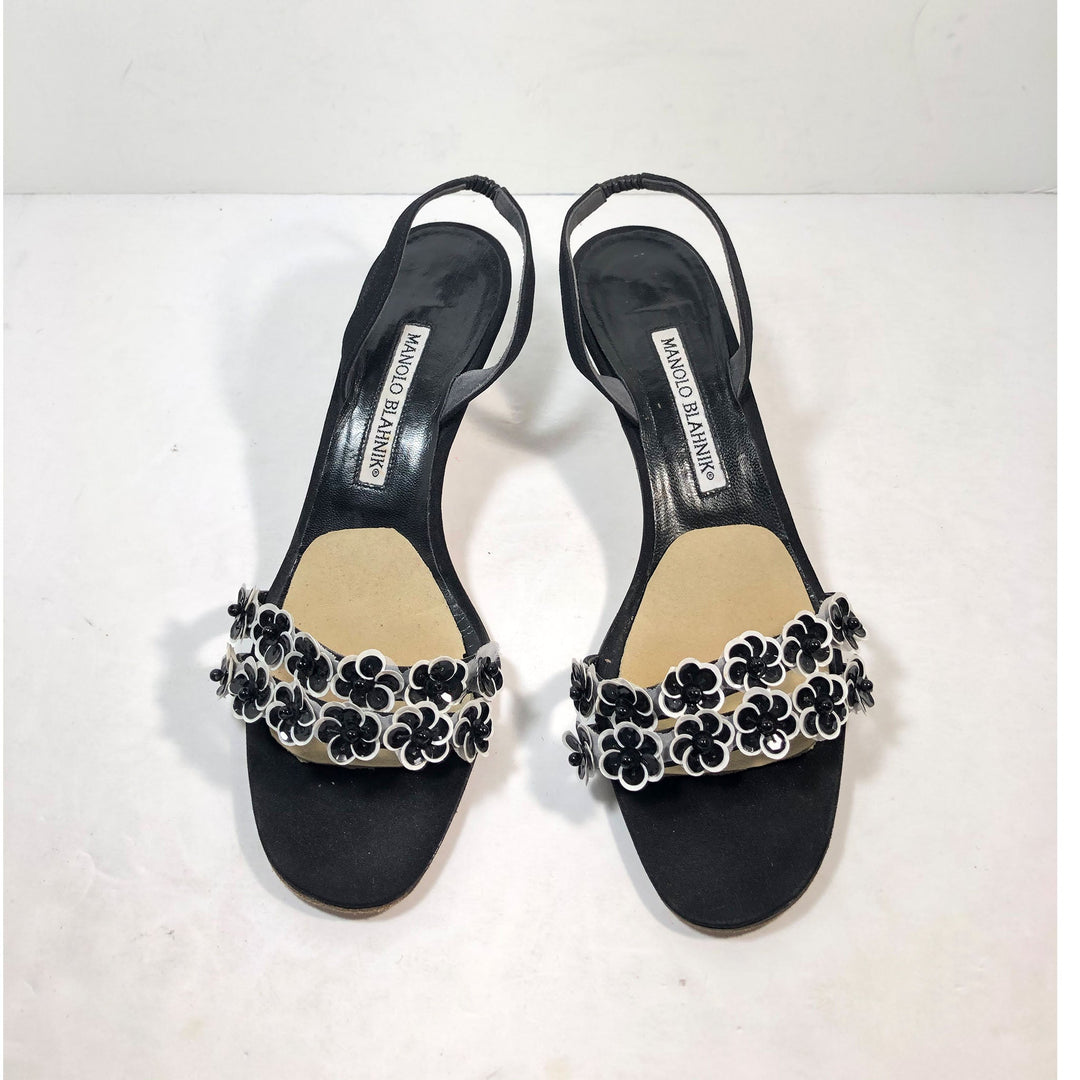 MANOLO BLAHNIK Black & White Slingback Heels Size 38 1/2