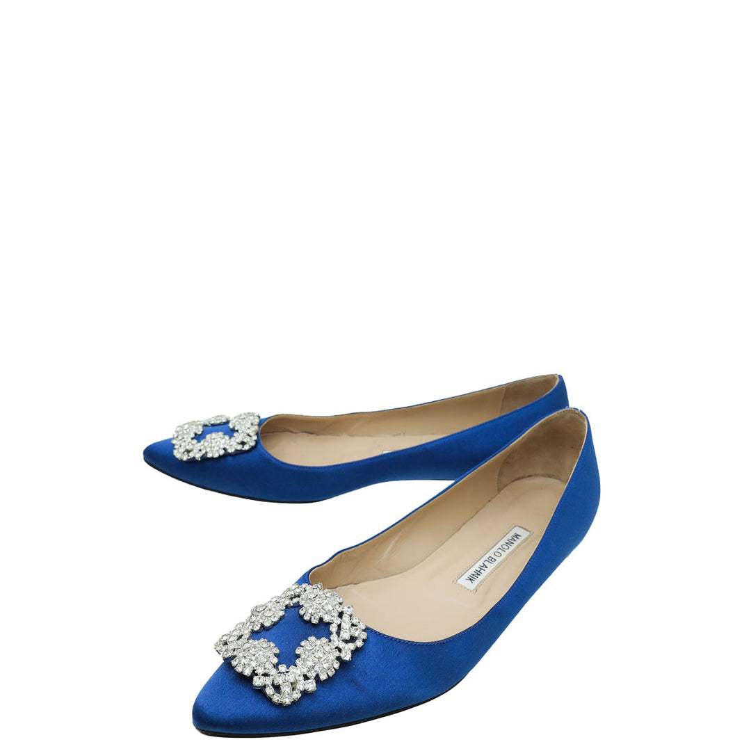 Manolo Blahnik Blue Satin Hangisi Crystal Flat Ballerina 38.5