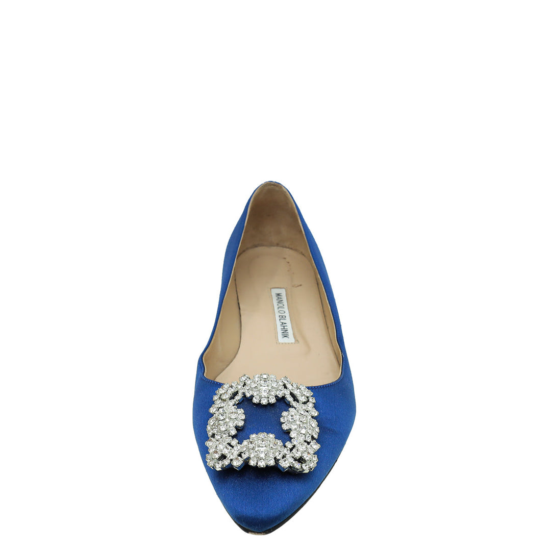 Manolo Blahnik Blue Satin Hangisi Crystal Flat Ballerina 38.5