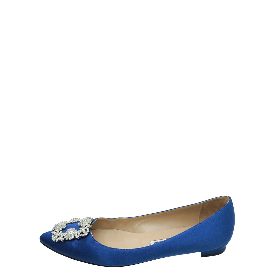 Manolo Blahnik Blue Satin Hangisi Crystal Flat Ballerina 38.5