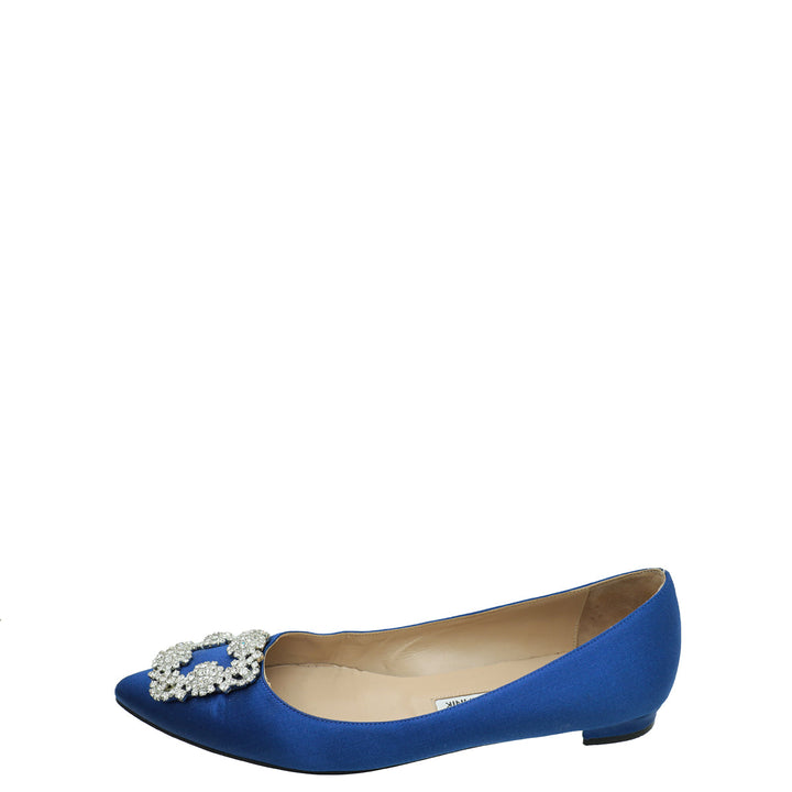 Manolo Blahnik Blue Satin Hangisi Crystal Flat Ballerina 38.5