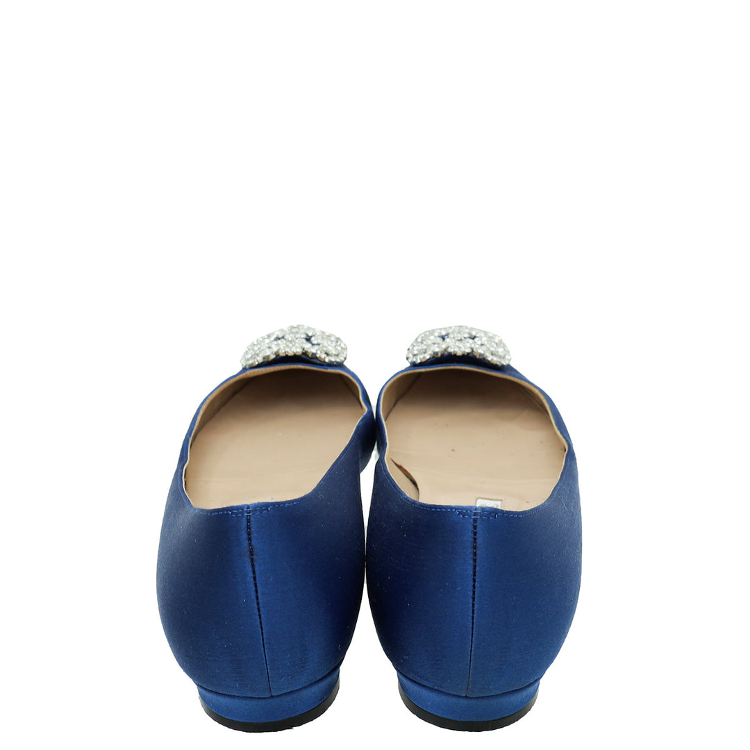 Manolo Blahnik Blue Satin Hangisi Crystal Flat Ballerina 38.5