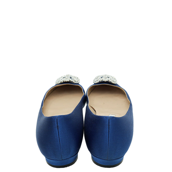 Manolo Blahnik Blue Satin Hangisi Crystal Flat Ballerina 38.5