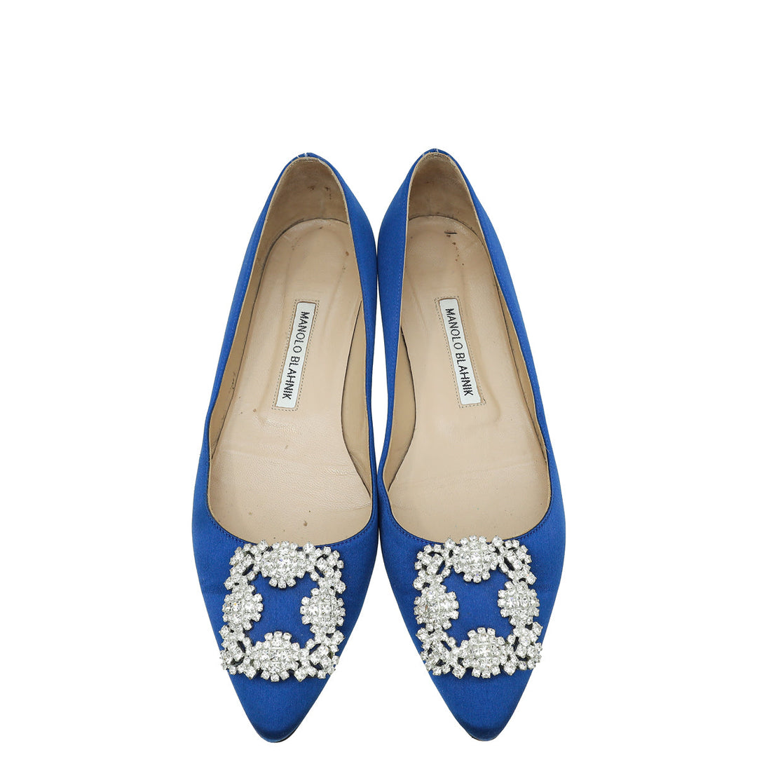 Manolo Blahnik Blue Satin Hangisi Crystal Flat Ballerina 38.5