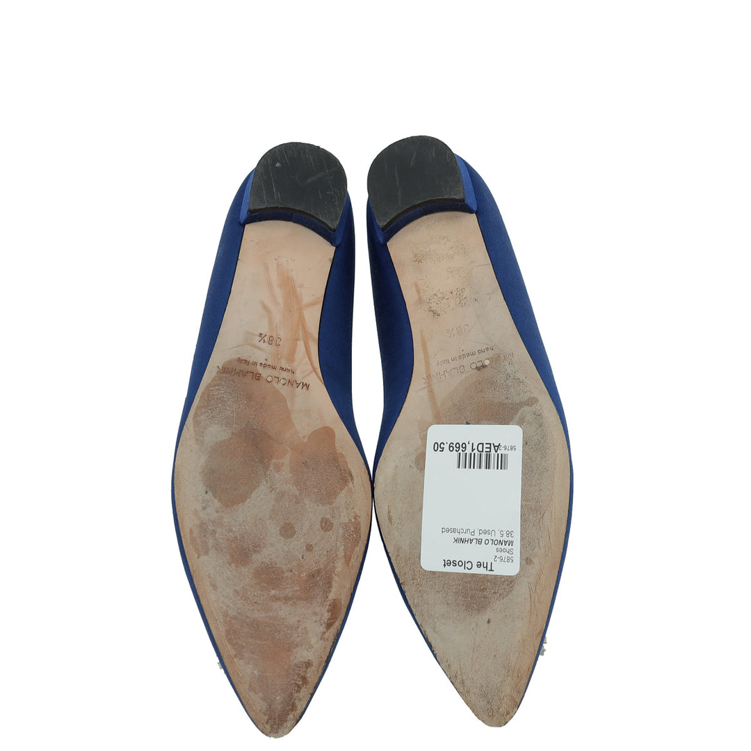 Manolo Blahnik Blue Satin Hangisi Crystal Flat Ballerina 38.5