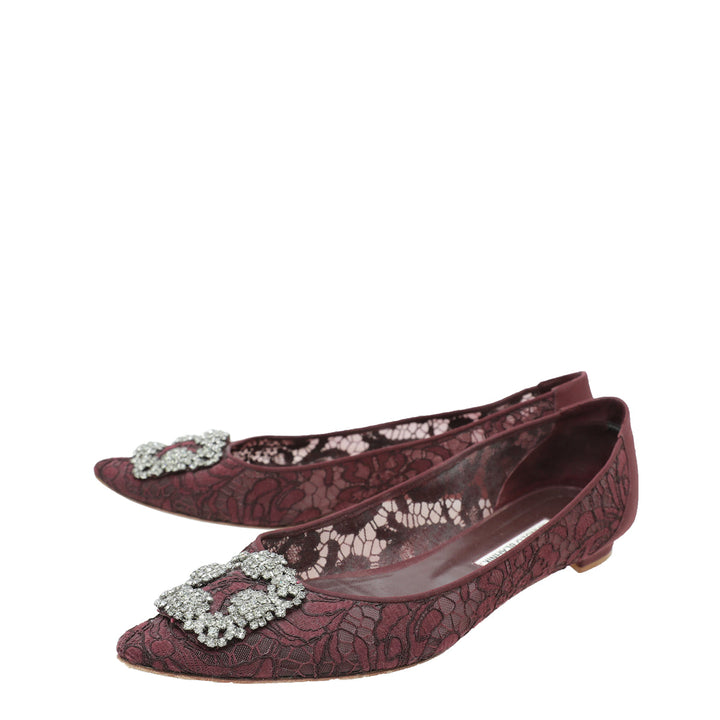Manolo Blahnik Burgundy Hangisi Lace Flat Ballerina 41