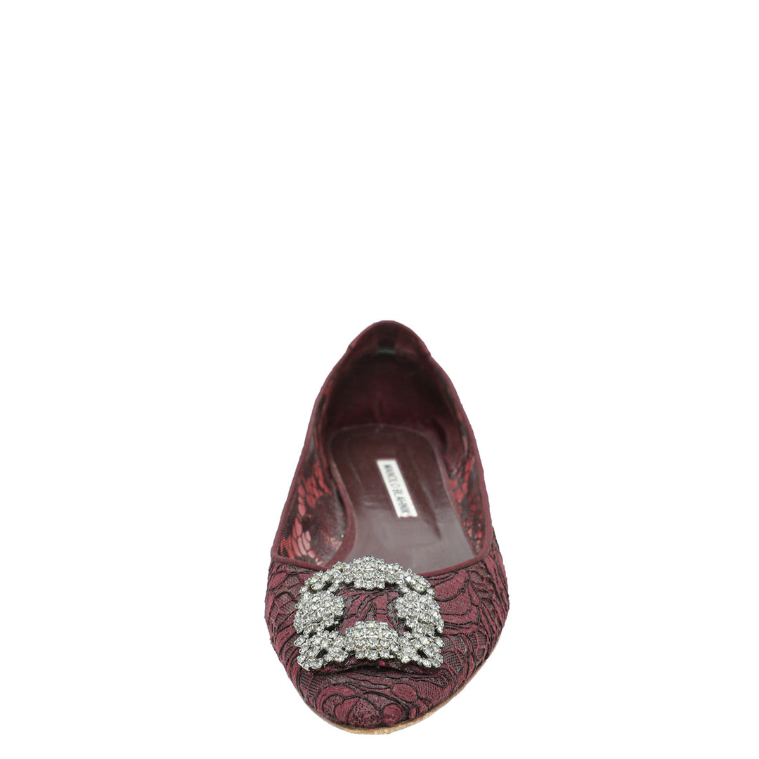 Manolo Blahnik Burgundy Hangisi Lace Flat Ballerina 41