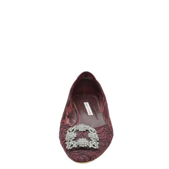 Manolo Blahnik Burgundy Hangisi Lace Flat Ballerina 41