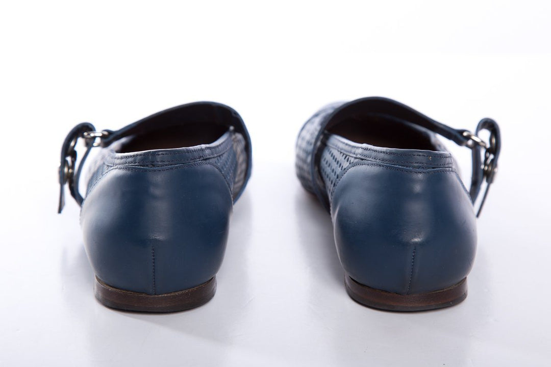 Marni Blue Leather Round-Toe Mary Jane Flats SZ 37.5 Sale