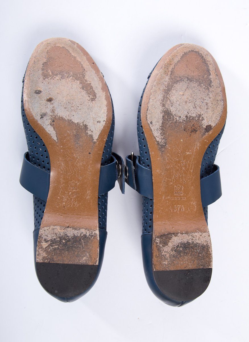 Marni Blue Leather Round-Toe Mary Jane Flats SZ 37.5 Sale