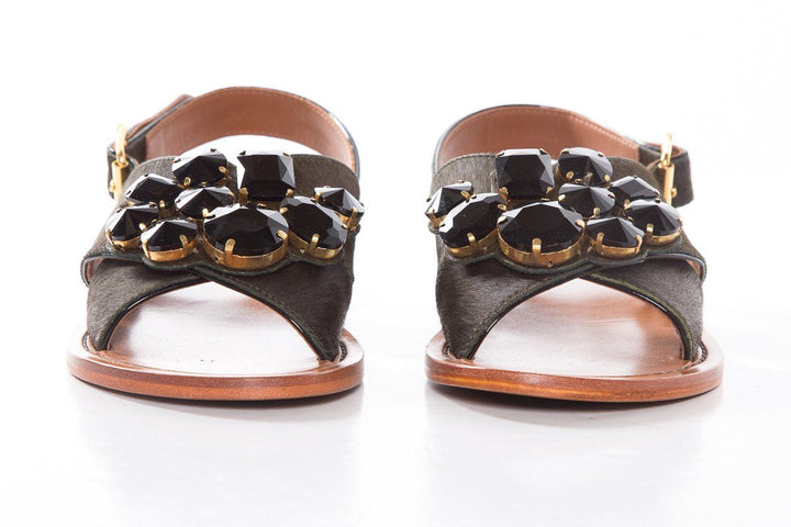 Marni Dark Green Pony Hair Cross Strap Sandals SZ 36