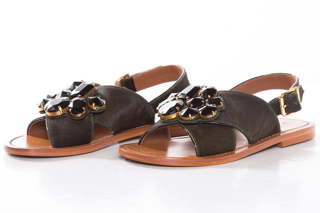 Marni Dark Green Pony Hair Cross Strap Sandals SZ 36