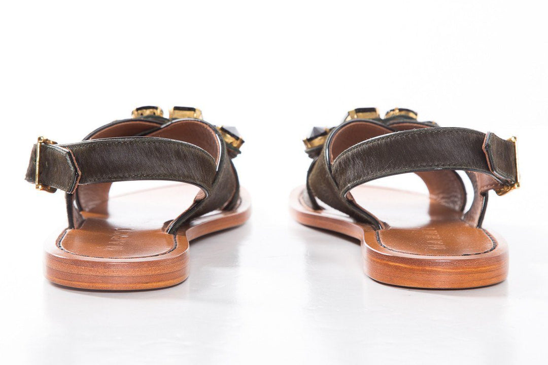 Marni Dark Green Pony Hair Cross Strap Sandals SZ 36