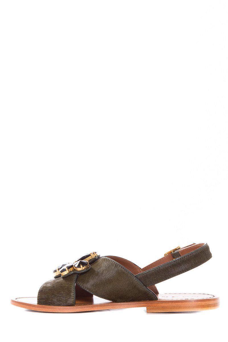 Marni Dark Green Pony Hair Cross Strap Sandals SZ 37.5