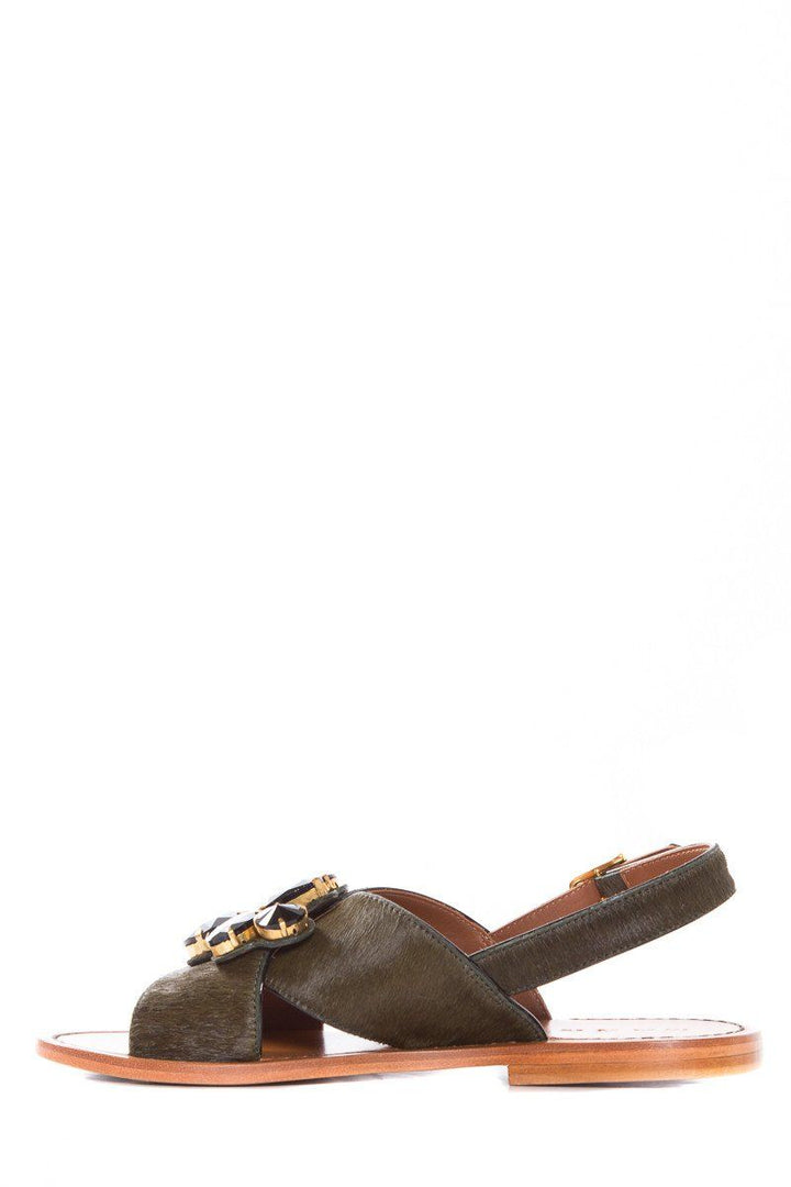 Marni Dark Green Pony Hair Cross Strap Sandals SZ 37.5