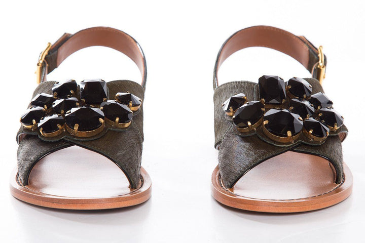 Marni Dark Green Pony Hair Cross Strap Sandals SZ 37.5