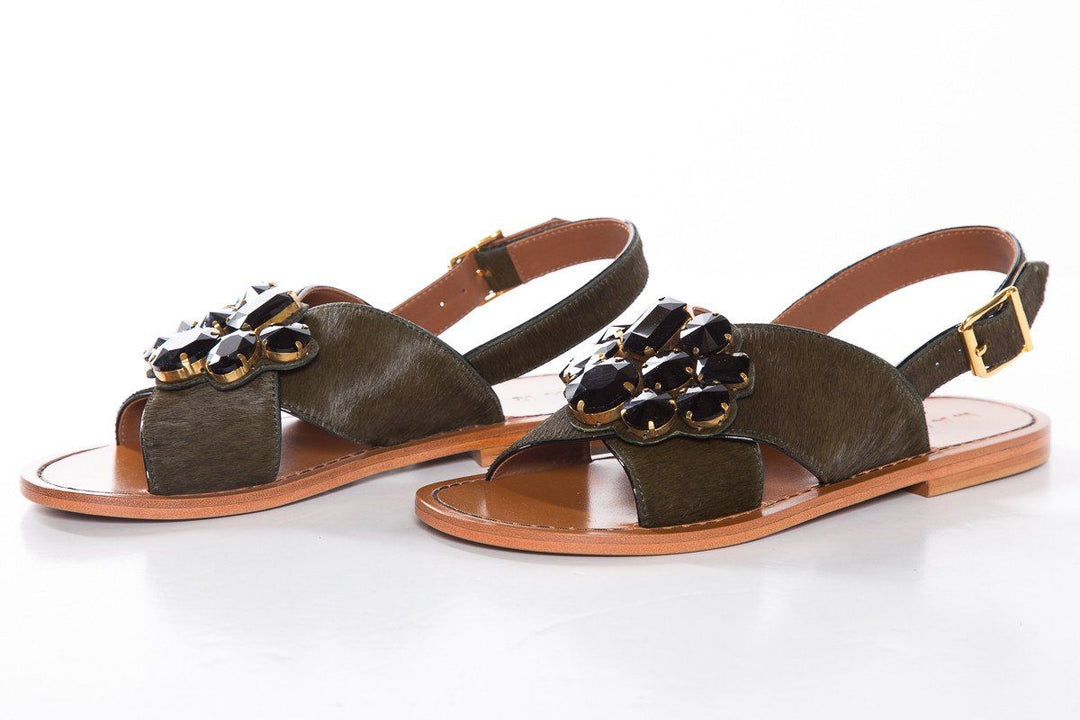 Marni Dark Green Pony Hair Cross Strap Sandals SZ 37.5