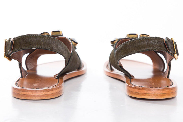 Marni Dark Green Pony Hair Cross Strap Sandals SZ 37.5