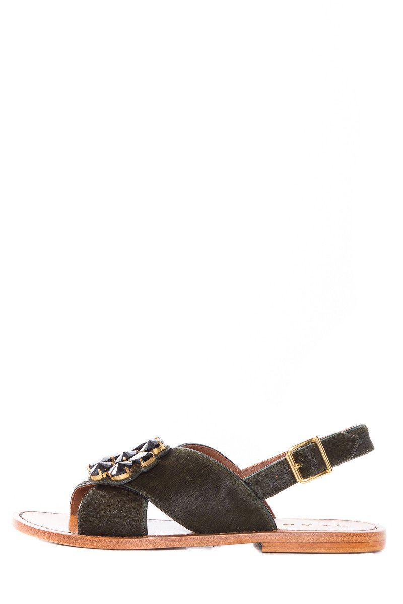 Marni Dark Green Pony Hair Cross Strap Sandals SZ 38.5