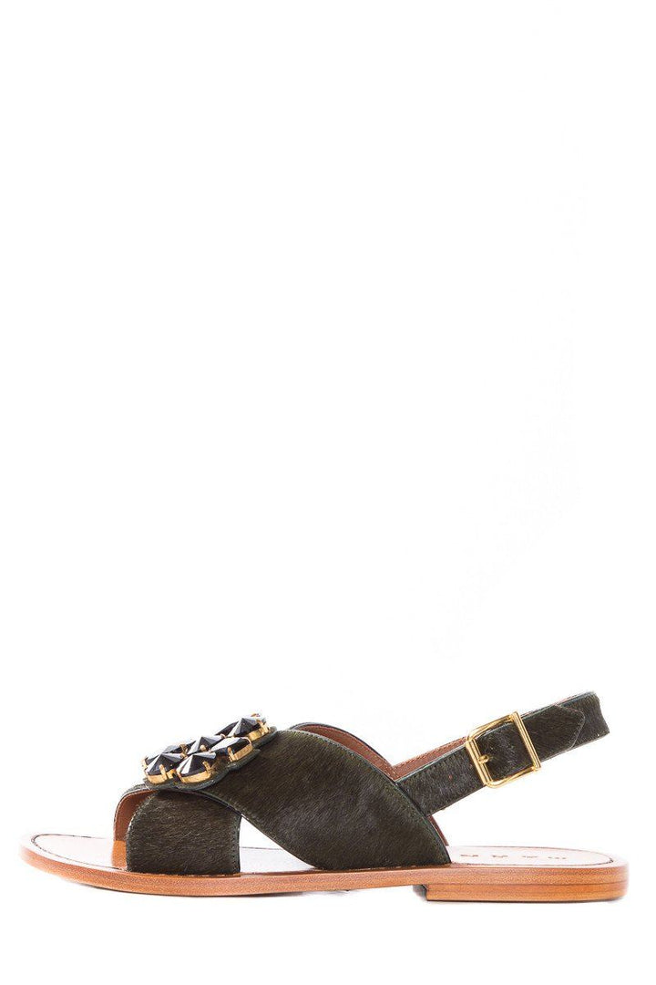 Marni Dark Green Pony Hair Cross Strap Sandals SZ 38.5